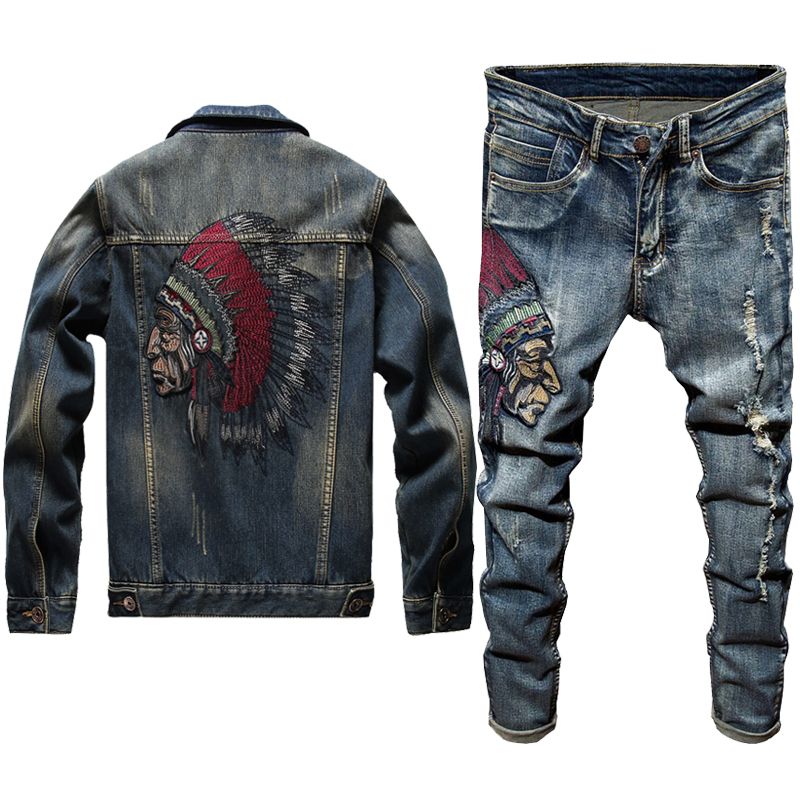 2020 New Mens Jeans Two Piece Set Slim 