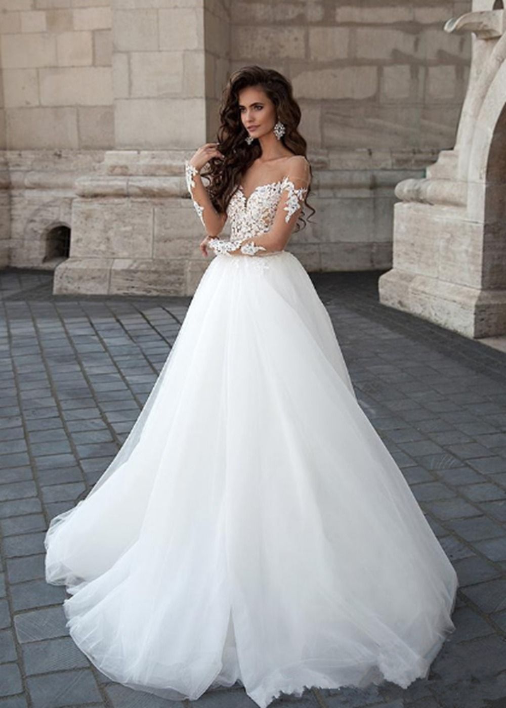 SDRESS Womens Appliques Illusion Crew Neck Long A-line Bridal Wedding Dress