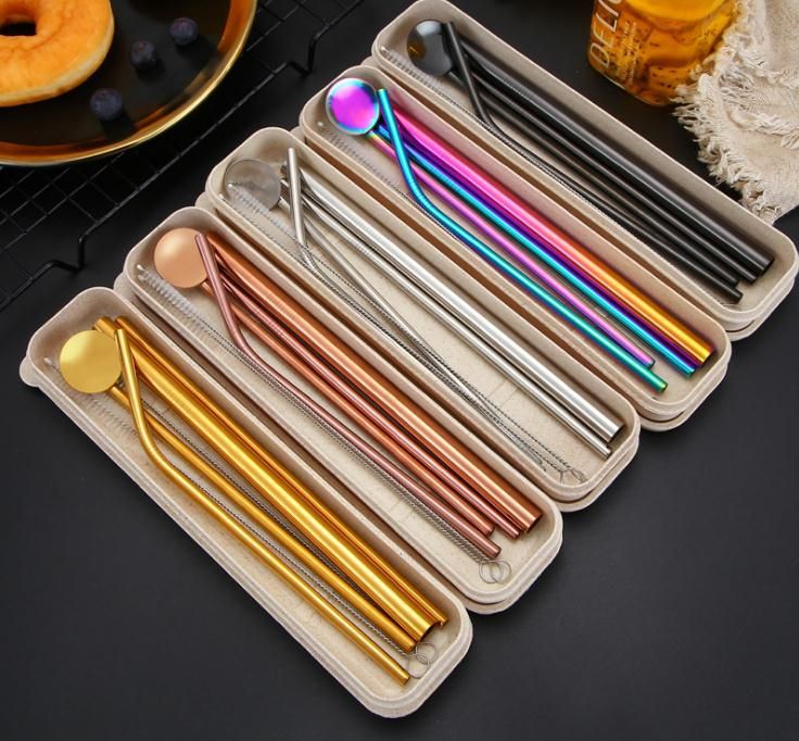 Reusable 304 Stainless Steel Drinking Straws Set Straight Bent ...