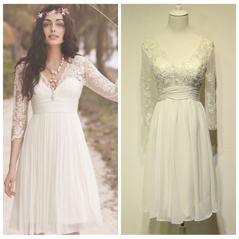 Romantic White Chiffon Short Wedding Dresses With Sleeves V Neck