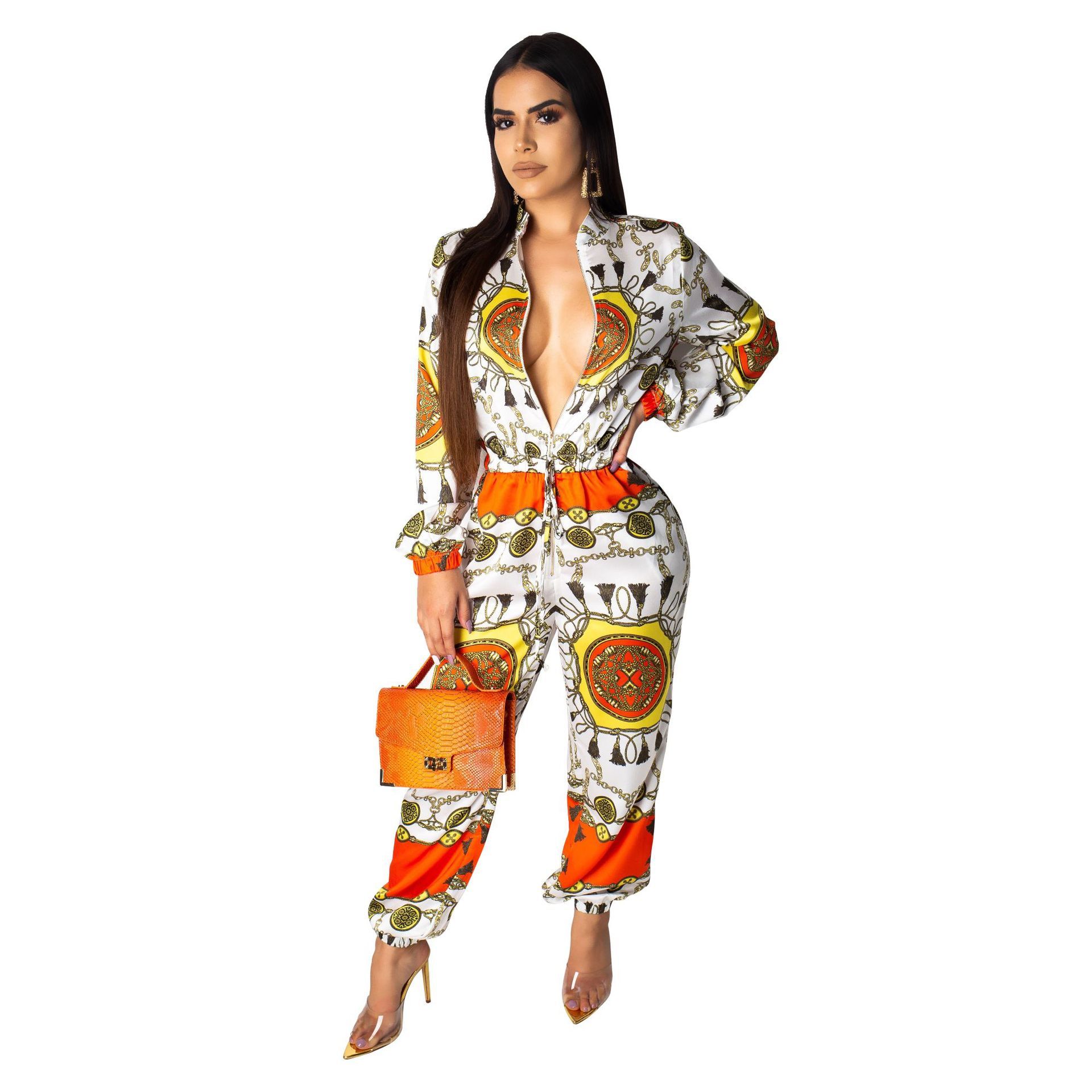 cotton slim printed wide leg jumpsuit
