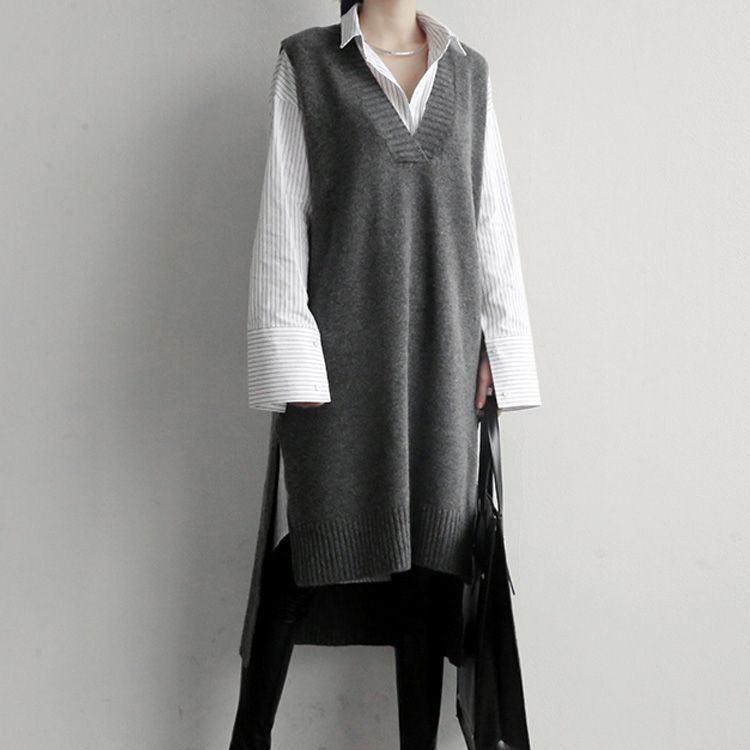 Knitted Sweater Vest Grey Black Long 