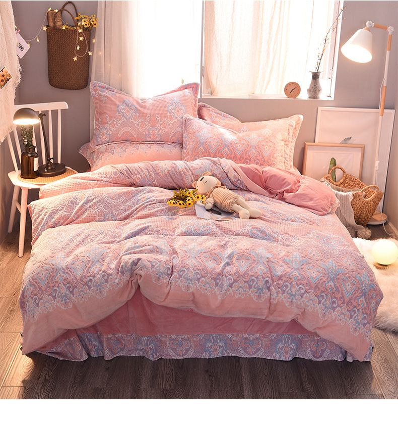 Cashmere Double Sided Coral Fleece Thick Pink Bedding Sets King