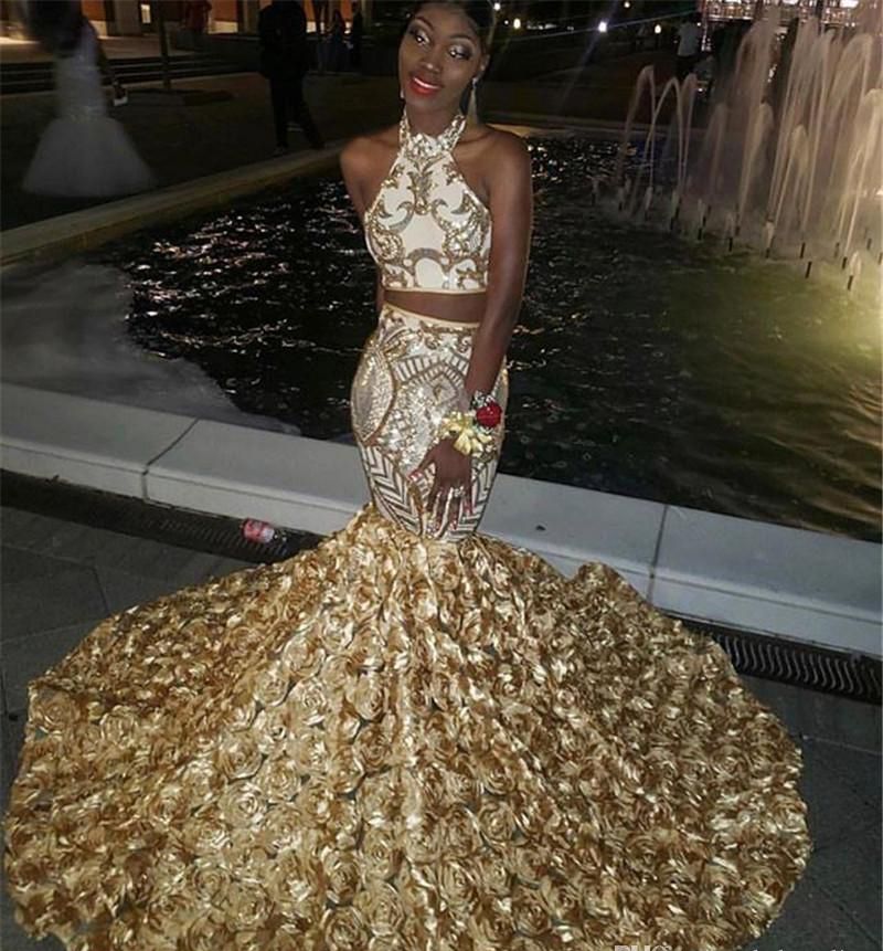 black and gold two piece prom dress