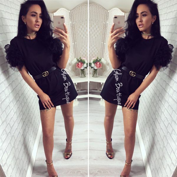 Women Ladies Tulle Frill Mesh Puff Short Sleeve Party Shirt Dress Tunic Mini Top