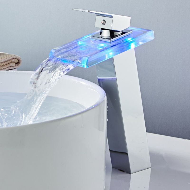 Modern High Waterfall Bathroom Faucet LED Basin Faucet Sink Tap Brass