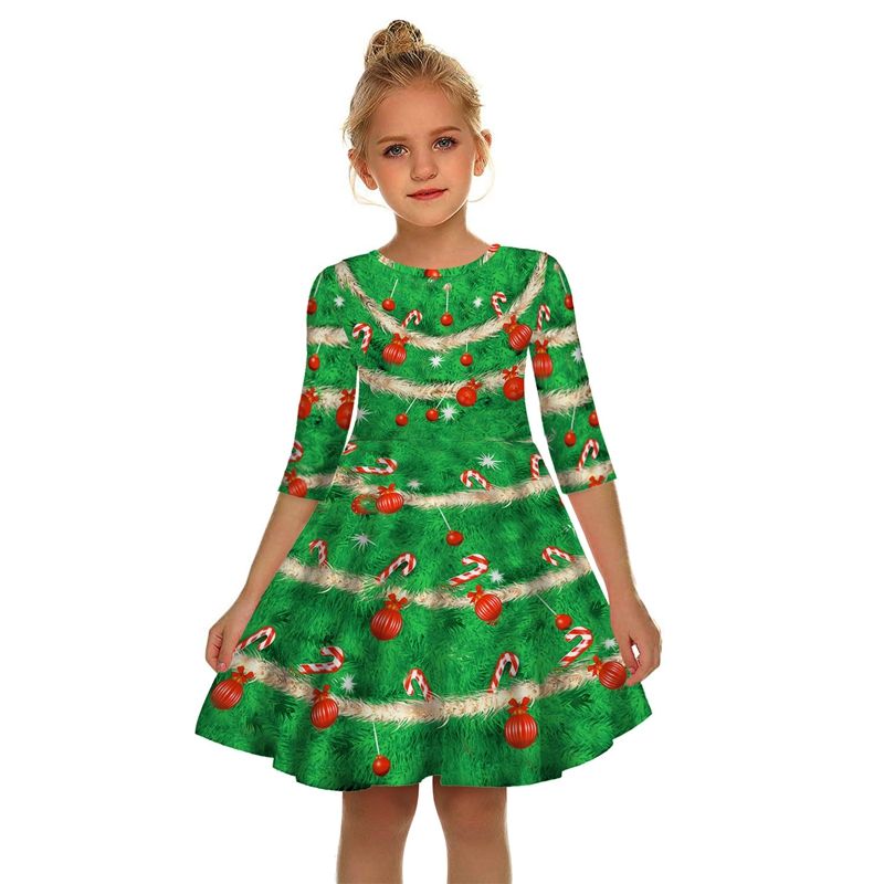 Árbol de navidad verde de una línea 3D bebé impreso Adolescentes Las Niñas vestidos de verano Árbol de navidad verde de una línea 3D bebé impreso Adolescentes Las Niñas vestidos de verano