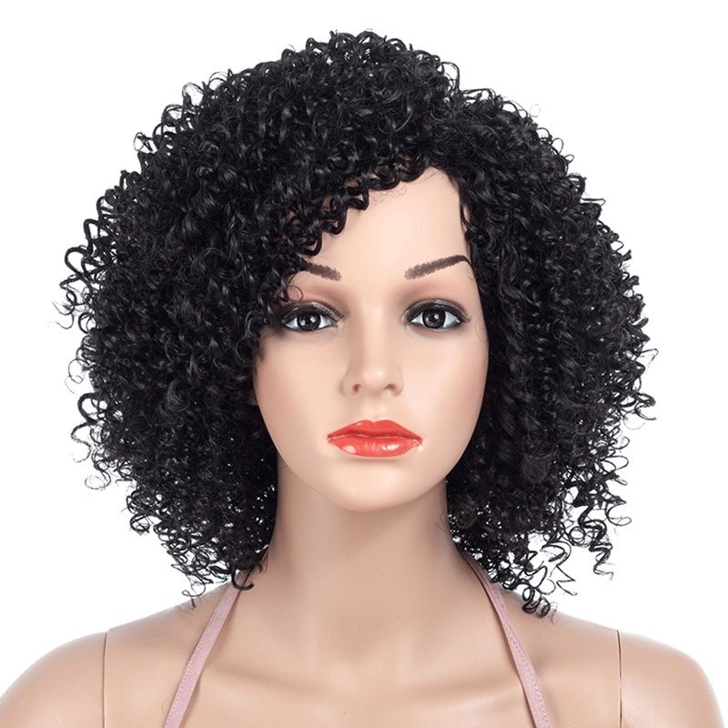 1b Black Afro Curly Wigs For Women Side Part Synthetic Short Hair