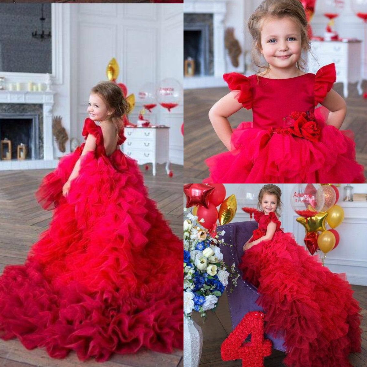 girls red flower girl dress