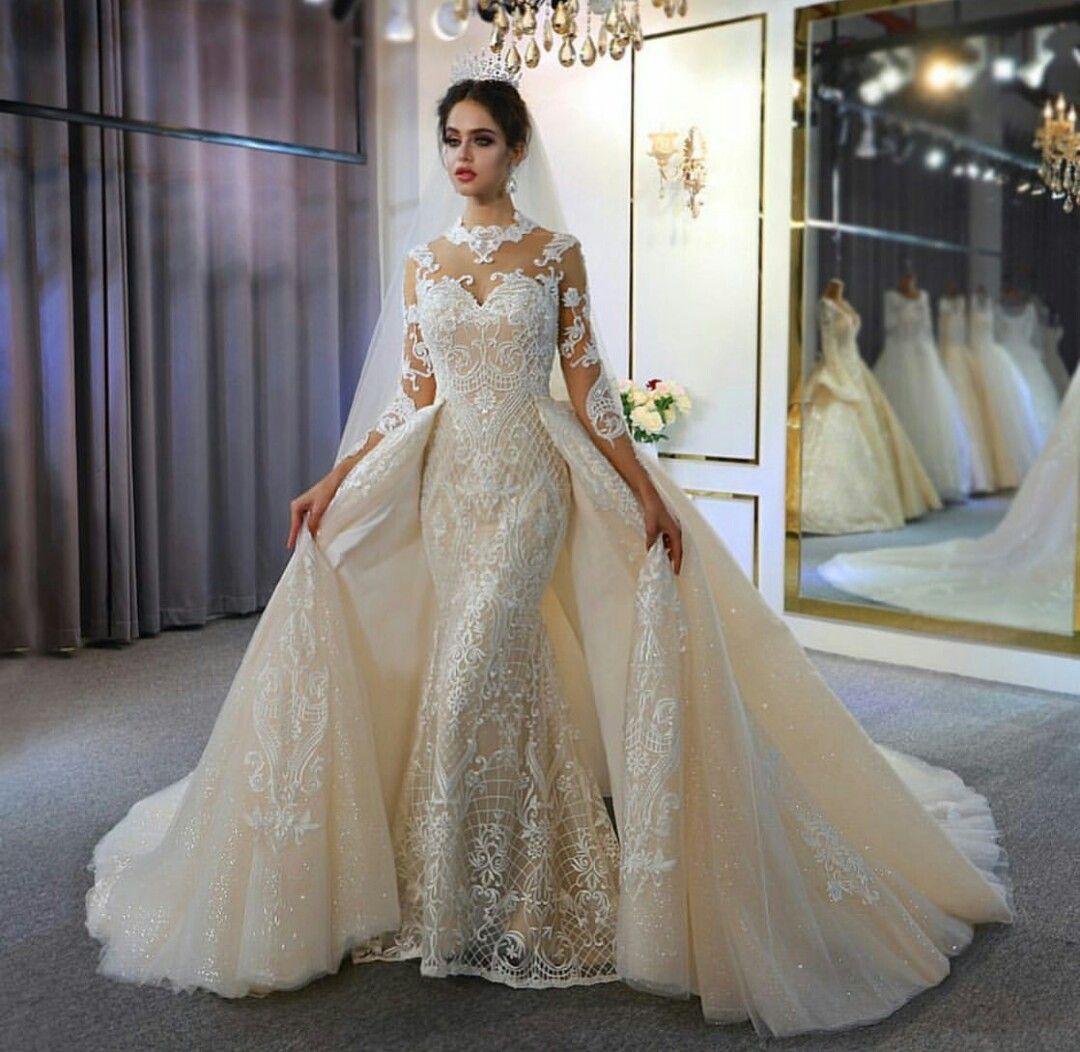 Vestidos de novia de sirena floral con tren desmontable Cuello alto de cuello alto manga larga Vestidos de novia de sirena floral con tren desmontable Cuello alto de cuello alto manga larga