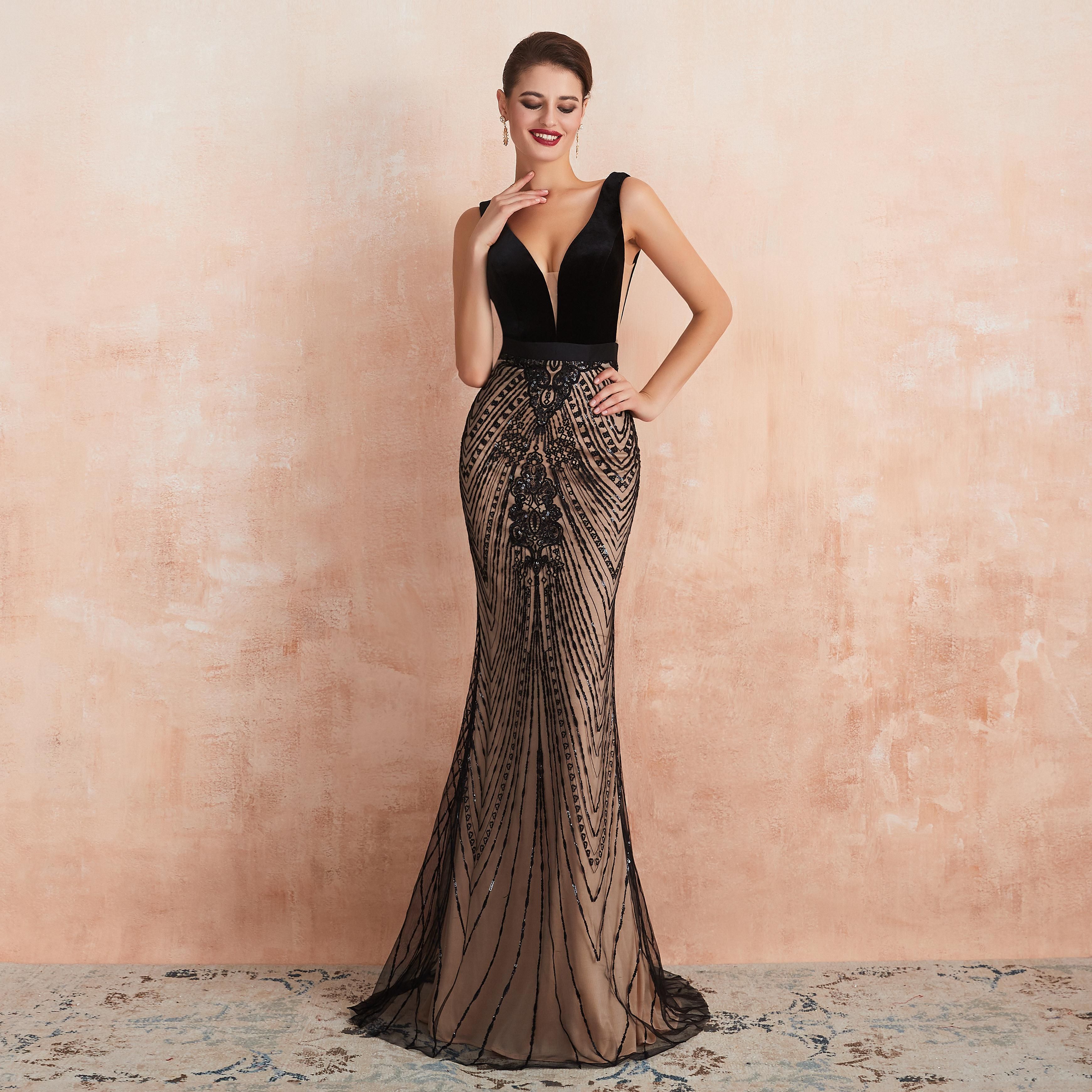 black and champagne prom dress