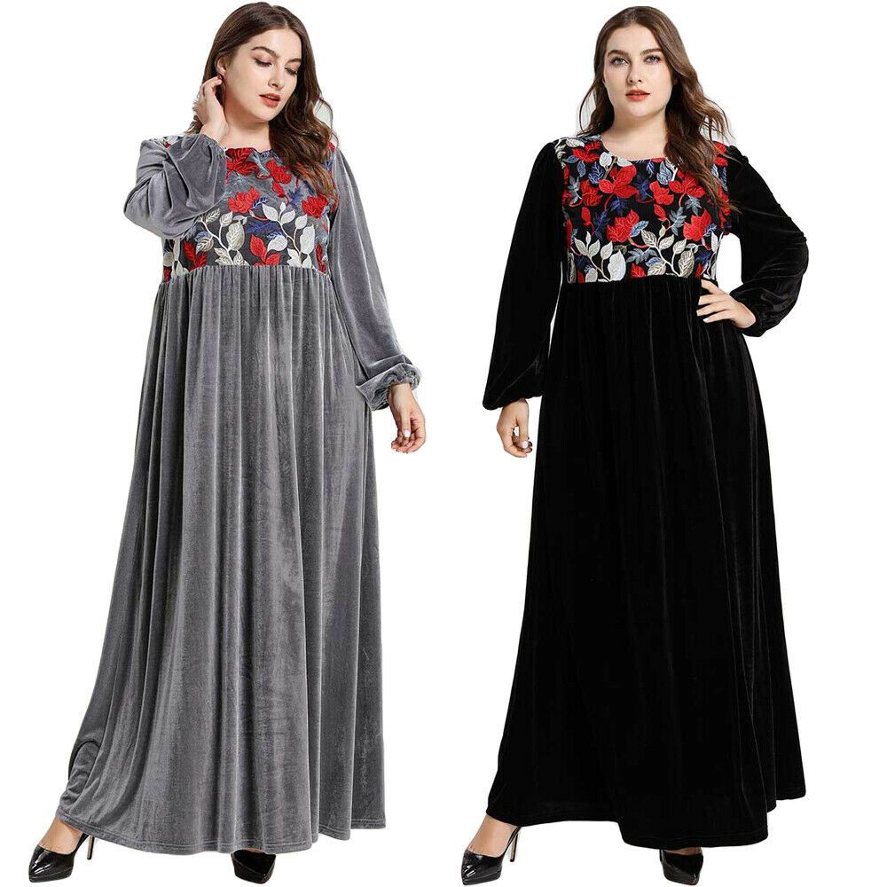 Muslim Women Embroidery Velvet Abaya Long Sleeve Maxi Dress Robe Dubai Kaftan