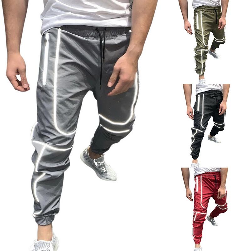 2021 Men Fashion Sport Reflective Pants Joggers Running Elastic Waist ...