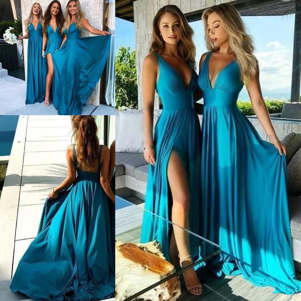 2019 Playa de verano Boda Vestidos de dama de honor Profundo V Cuello Lado  Split Split
