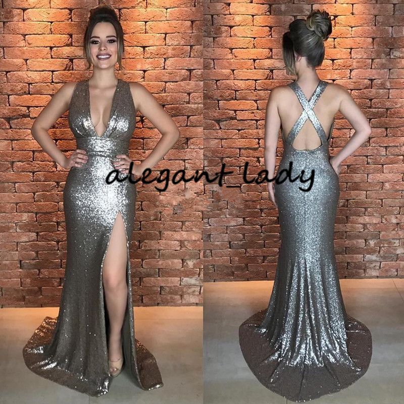 Silver Grey Sequins Mermaid Bridesmaid Dresses 2020 Sexy V Neck Shiny Full Length Sparkly Maid Of Honor Wedding Guest Party Gown Bridesmaid Maternity