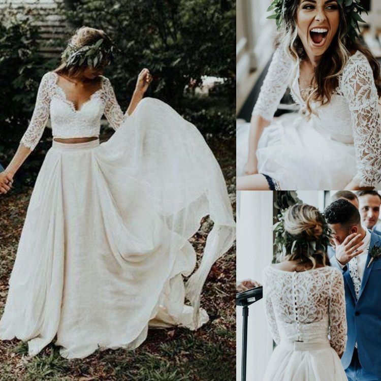 Dos mangas de dos piezas Vestidos de novia Vestidos 2 pieza para la de bodas