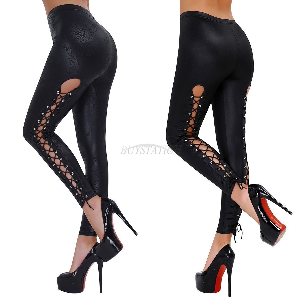 Leggings Effetto Bagnato Da Donna, Pantaloni Attillati In Pelle Nera Con  Lacci Da 20,03 € | DHgate Italy