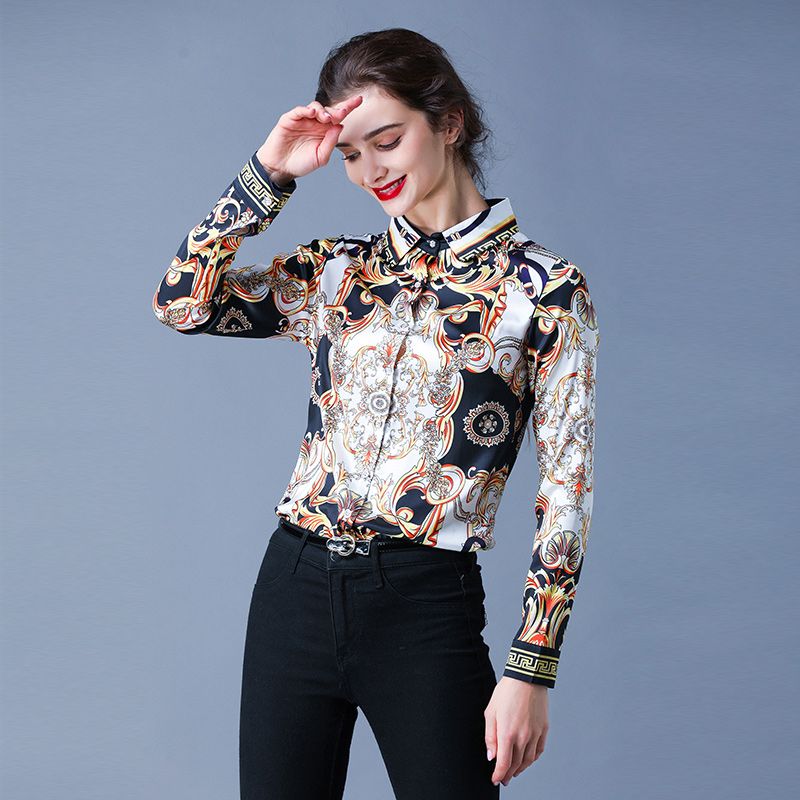 de lujo del botón impresión camisas de la vendimia de las mujeres de manga