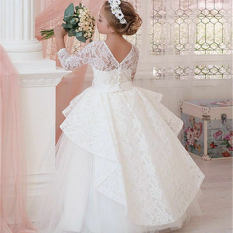 Vestidos de niñas de flores para boda joya cuello corto satinado encaje apliques pequeños niños santo Vestidos de niñas de flores para boda joya cuello corto satinado encaje apliques pequeños niños santo