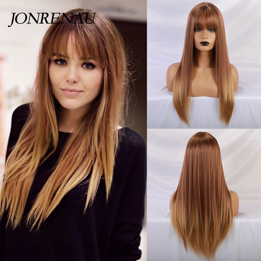 Jonrenau Long Straight Synthetic Wigs With Neat Bangs Ombre Brown