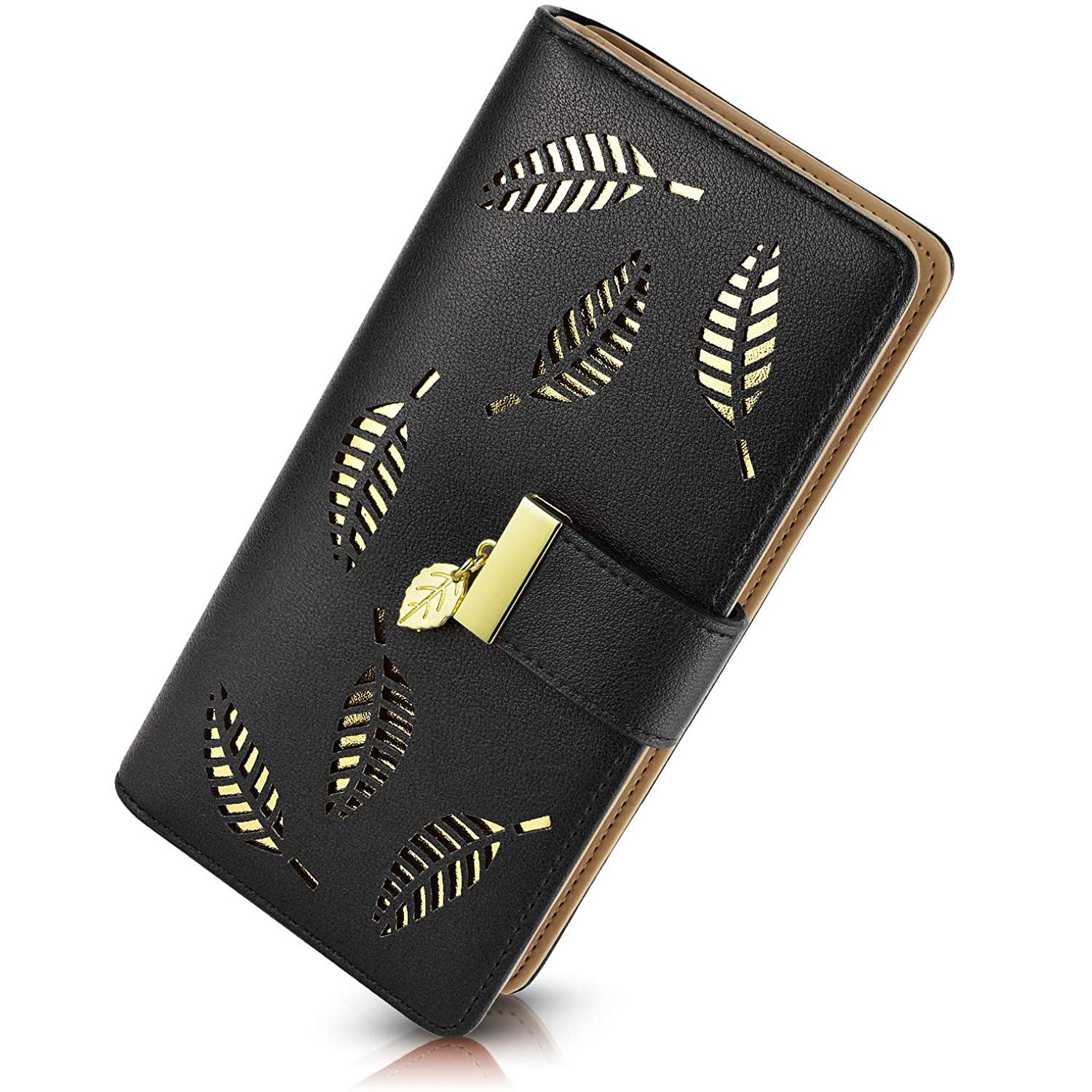 QAUL女性の長い葉の2つの財布の革のカードホルダー財布ジッパーバックルエレガントなクラッチ財布ハンドバッグ