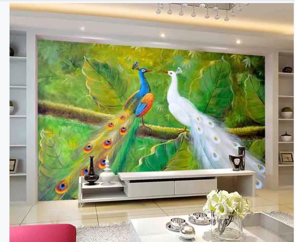 Hand drawn oil painting peacock background wall 3d wallpaper custom mural  peacock