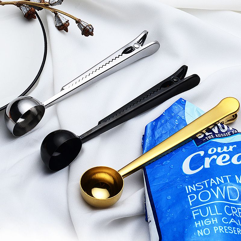 Ground Coffee Measuring Spoon Scoop with Bag Sealing Clip Silver Stainless Steel