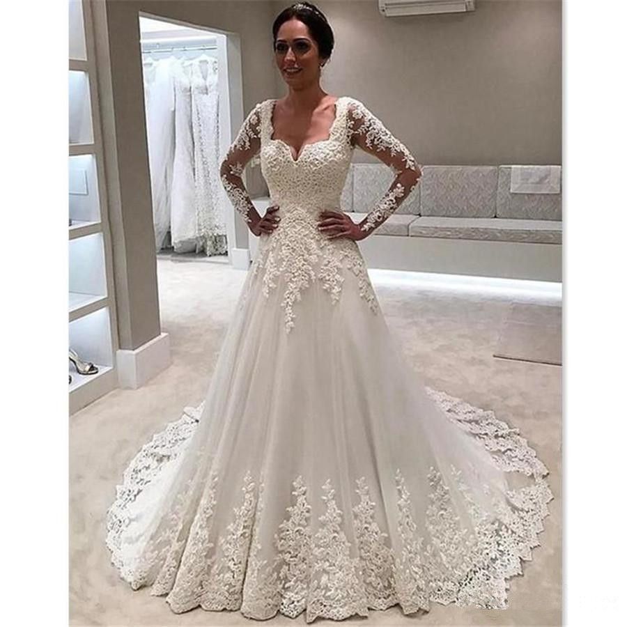 Discount Charming Illusion Long Sleeve Wedding Dresses A Line 2019
