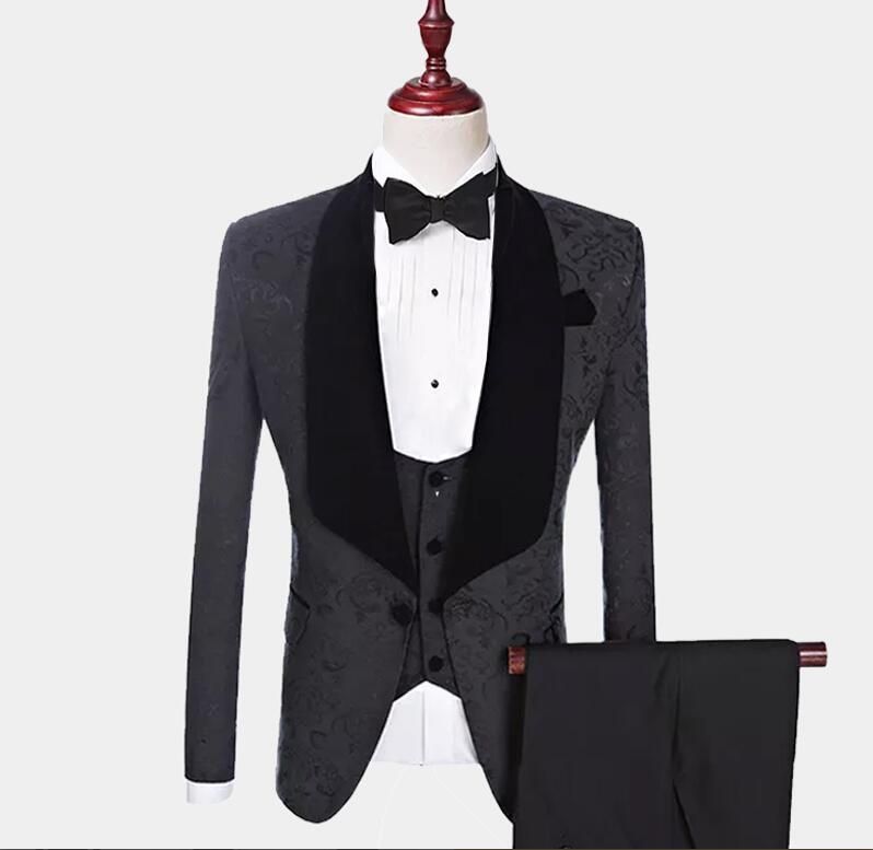 Fashion Gentleman Jacquard Black Floral Tuxedo Mens Suits Custom Made