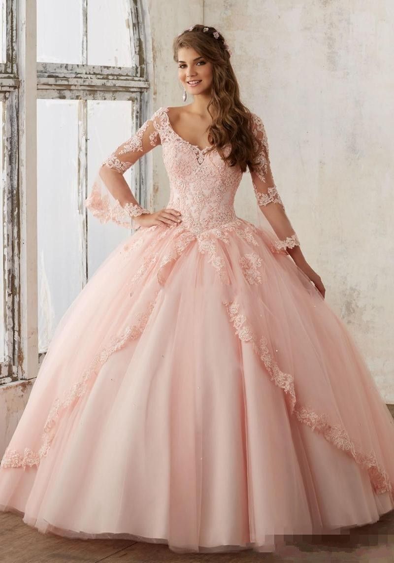 2020 Fashion Baby Pink Quinceanera Dresses Lace Long Sleeve V-Neck  Masquerade Ball Dresses Sweet 16 Princess Pageant Dress For Girls