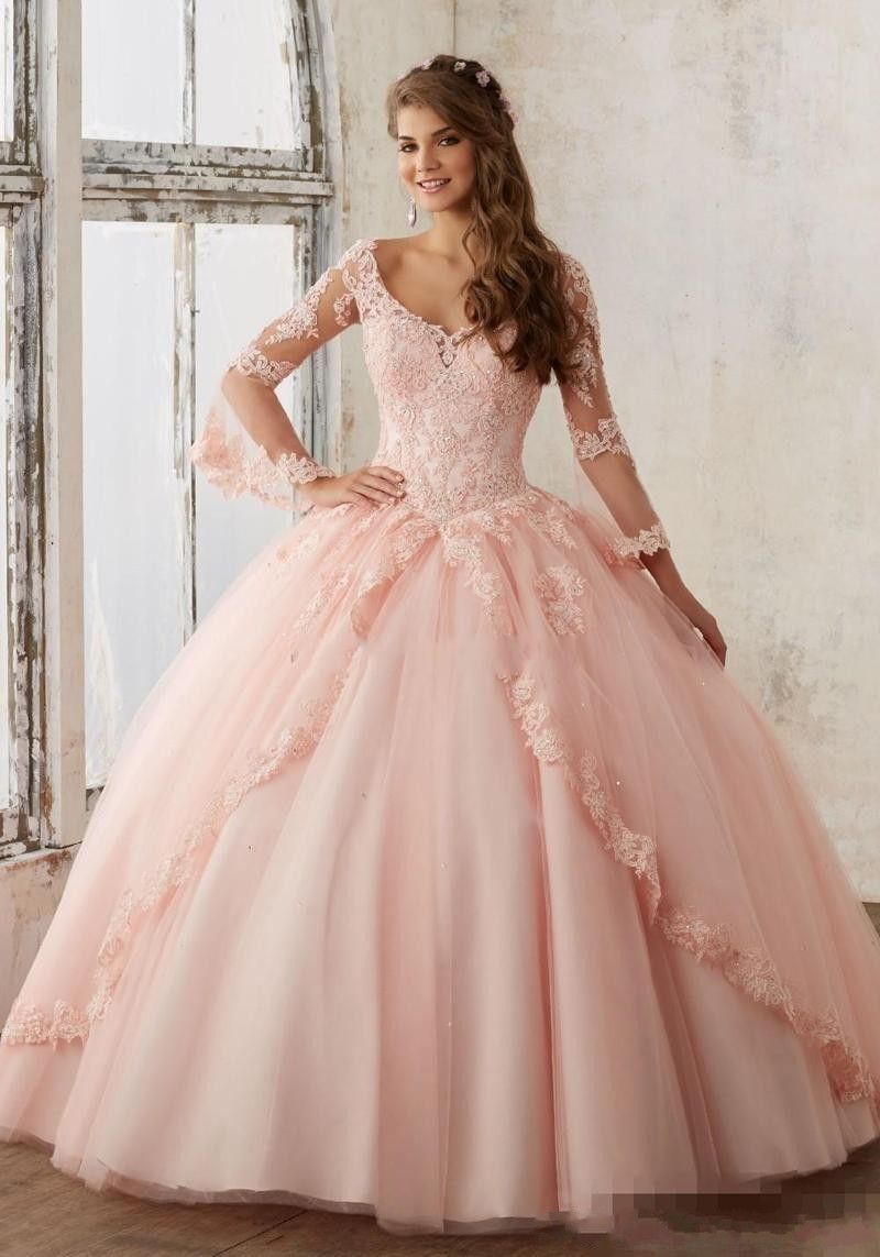 2020 Fashion Baby Pink Quinceanera Dresses Lace Long Sleeve V-Neck Masquerade Ball Dresses Sweet 16 Princess Pageant Dress For Girls 2020 Fashion Baby Pink Quinceanera Dresses Lace Long Sleeve V-Neck Masquerade Ball Dresses Sweet 16 Princess Pageant Dress For Girls