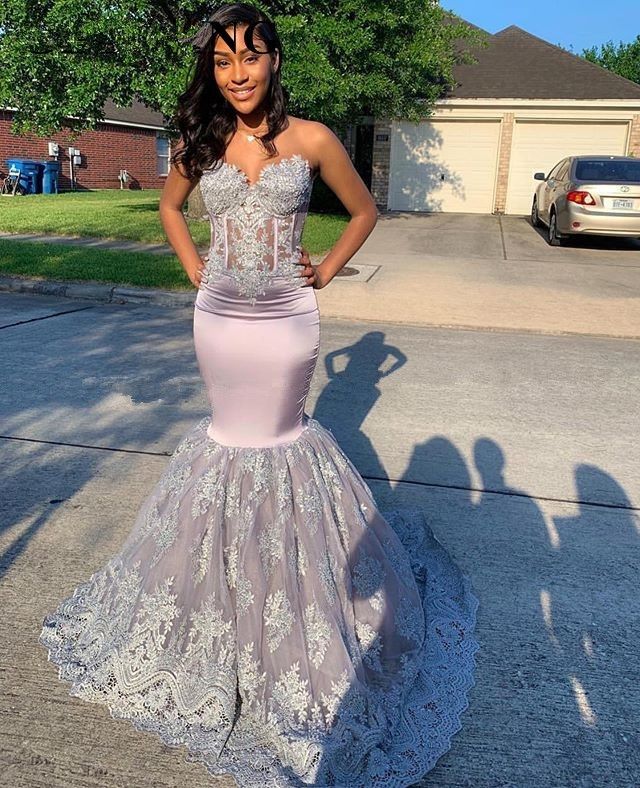 Vintage Lace Silver Grey Mermaid Prom 