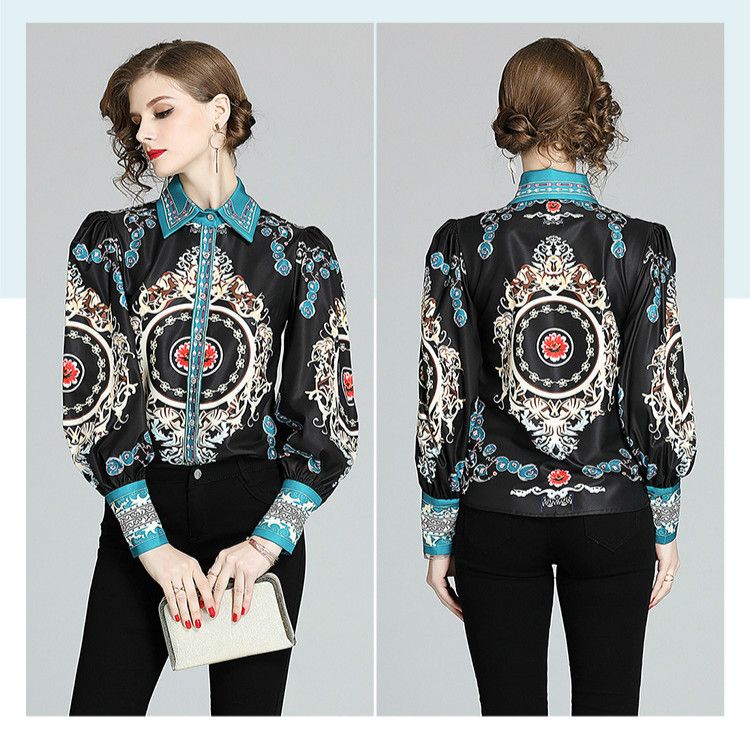 2020 nuevas estampadas barrocas vintage para pista, larga, cuello de solapa, blusas de