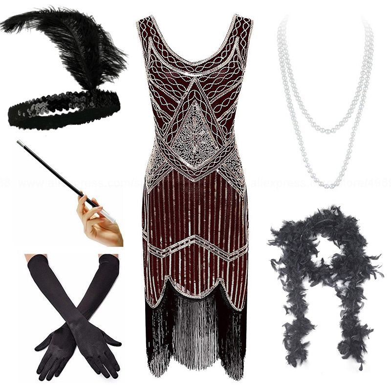 FUNDAISY Women 1920s V-Neck Sequin Gatsby Flapper Fringed Dress with 20s Accessories Set