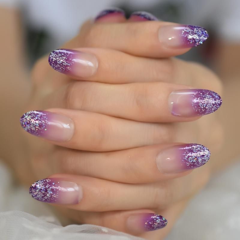 False Nails Charming Purple Bling Glitter Ombre Oval Clear Gel Designed Nail Art Tips 24 Count False Nails Charming Purple Bling Glitter Ombre Oval Clear Gel Designed Nail Art Tips 24 Count