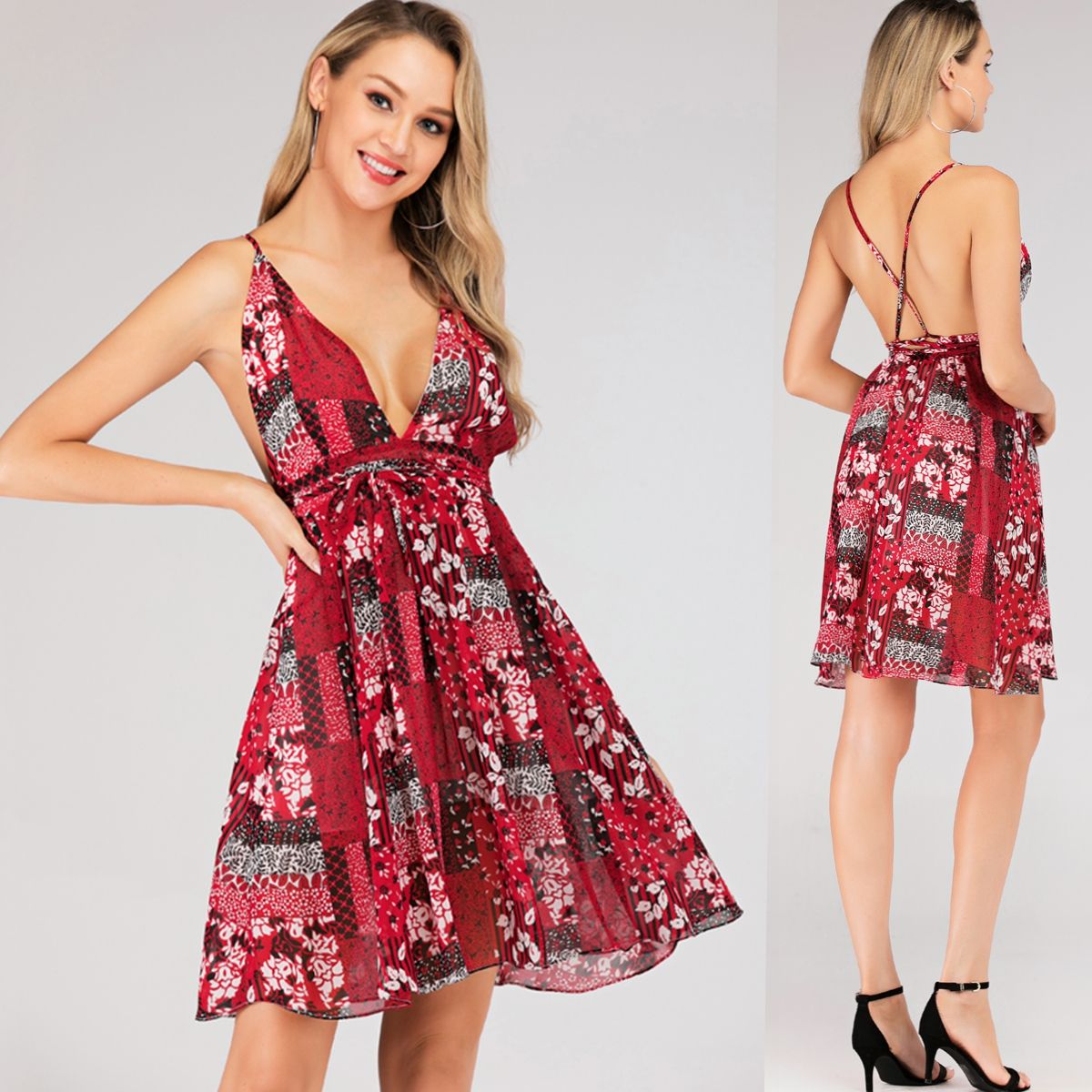 red floral cocktail dress