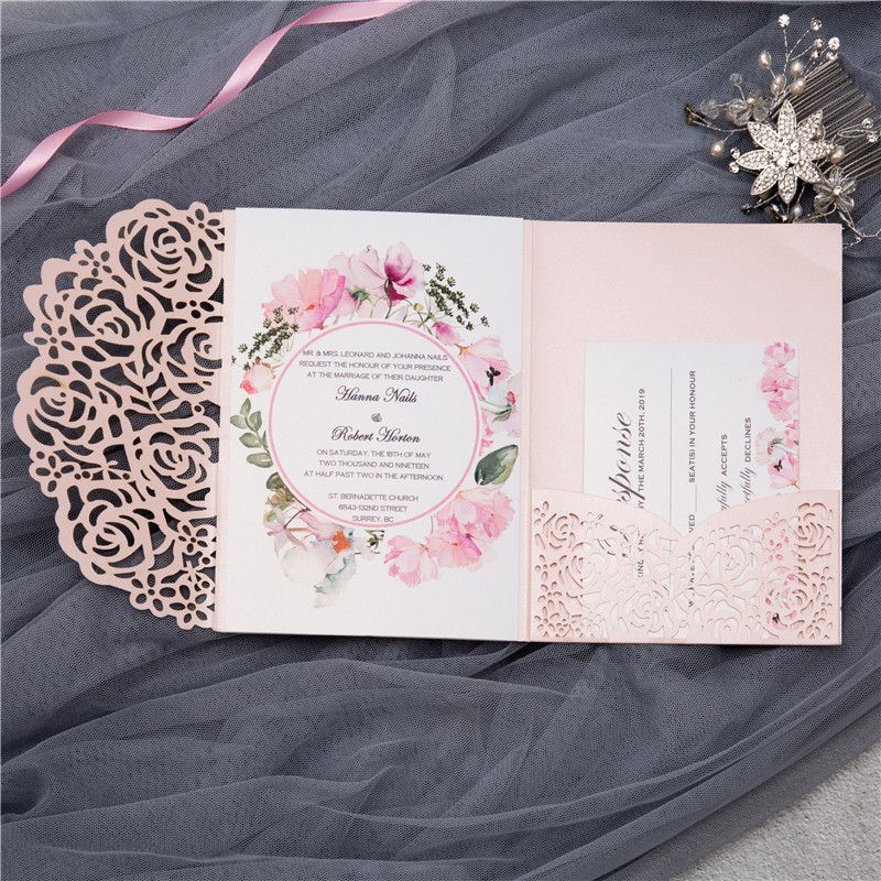 50pcs suave invitaciones boda de color rosa tarjeta de láser bolsillo matrimonio de novia