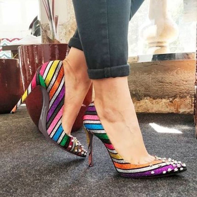 Hot Sale Women Heels Red Bottom High Heels Rainbow Rivets Pumps Women Shoes Pointed Toe Crystal ...