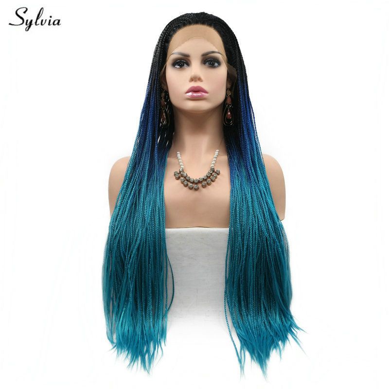 Synthetic Lace Front Wig Long Hair Black Roots Ombre Blue Brown