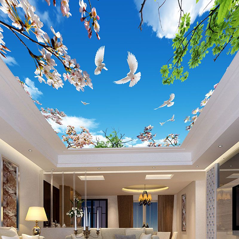 Custom Mural Wallpaper 3d Blue Sky White Clouds Flower Green