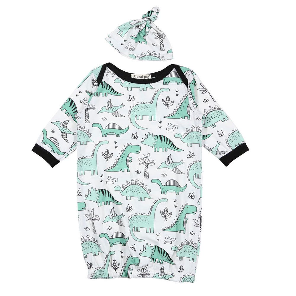 C/&M Newborn Infant Baby Girls Boy Cartoon Dinosaur Pajamas Gown Swaddle Hats 2Pcs Outfits
