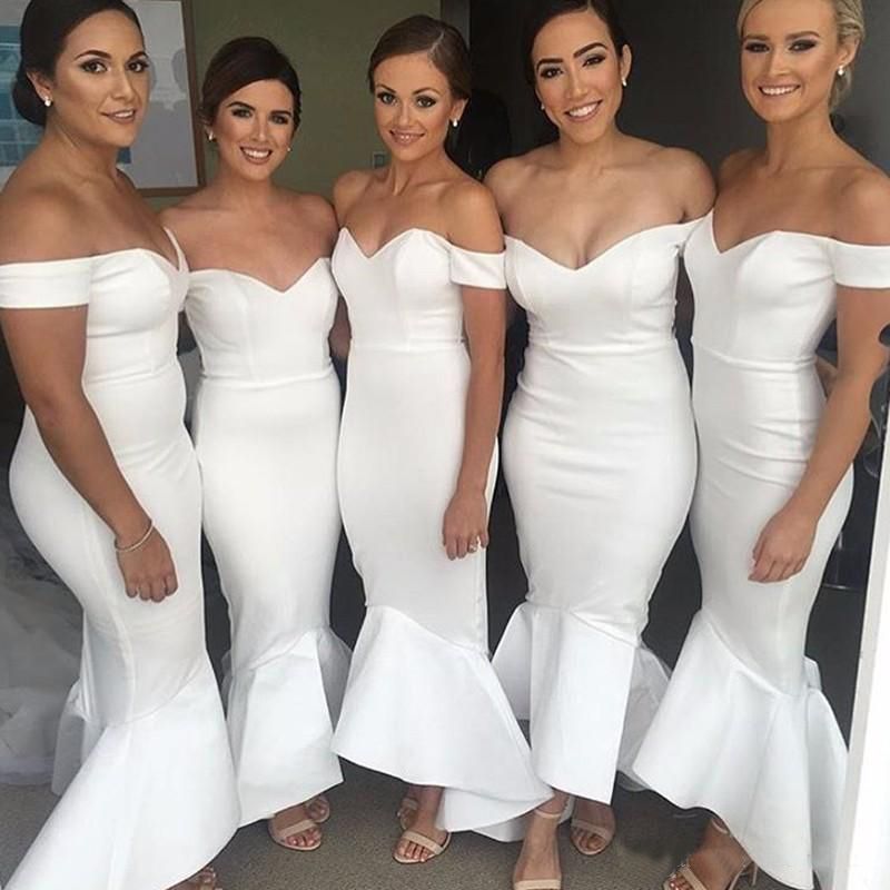 2020 White Off Shoulder Bridesmaid Dresses Mermaid Satin Tulle Maid Of ...