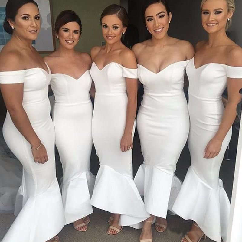 2020 White Off Shoulder Bridesmaid Dresses Mermaid Satin Tulle Maid Of