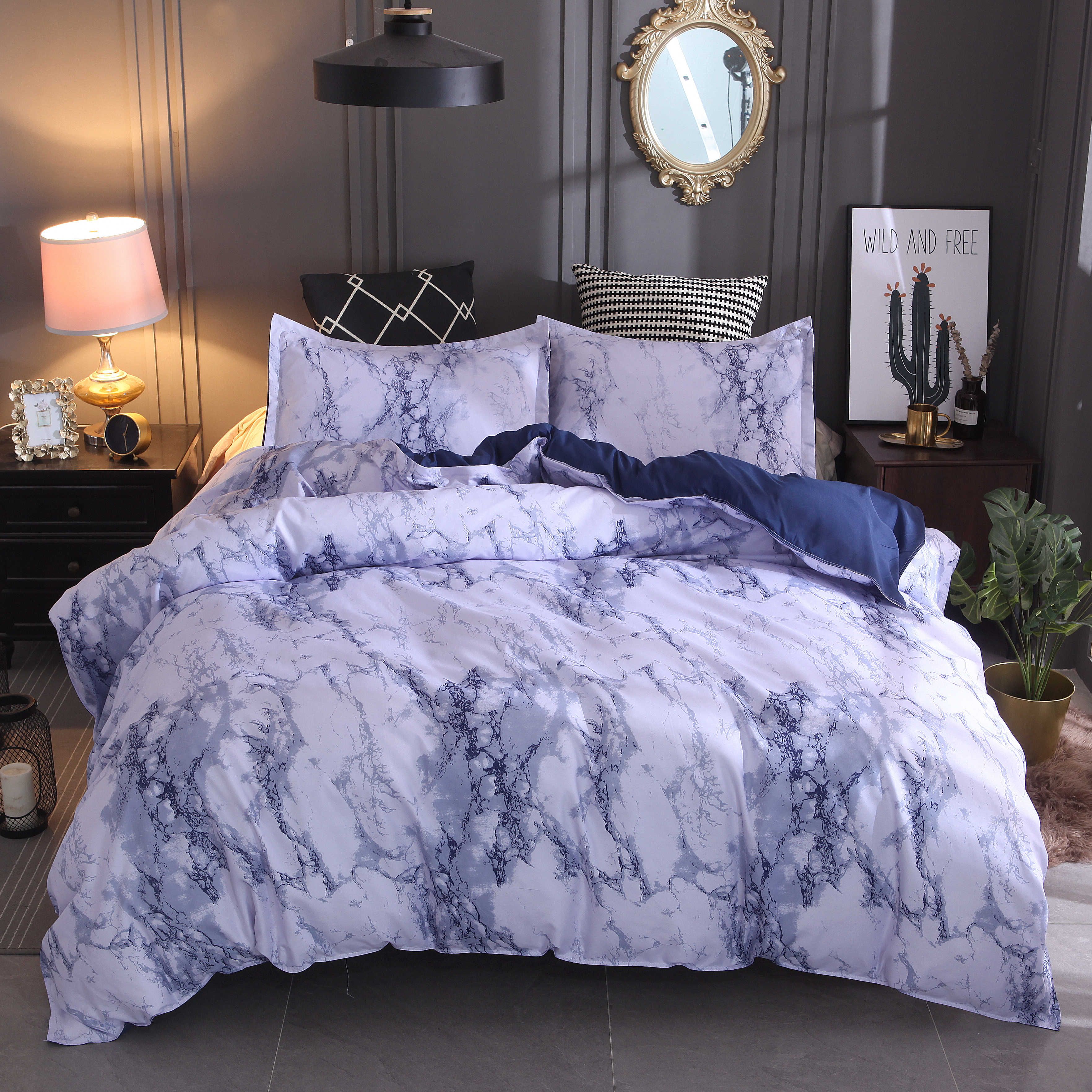 2020 Lucky King Size Dark Navy Marble Texture Pattern Duvet Cover