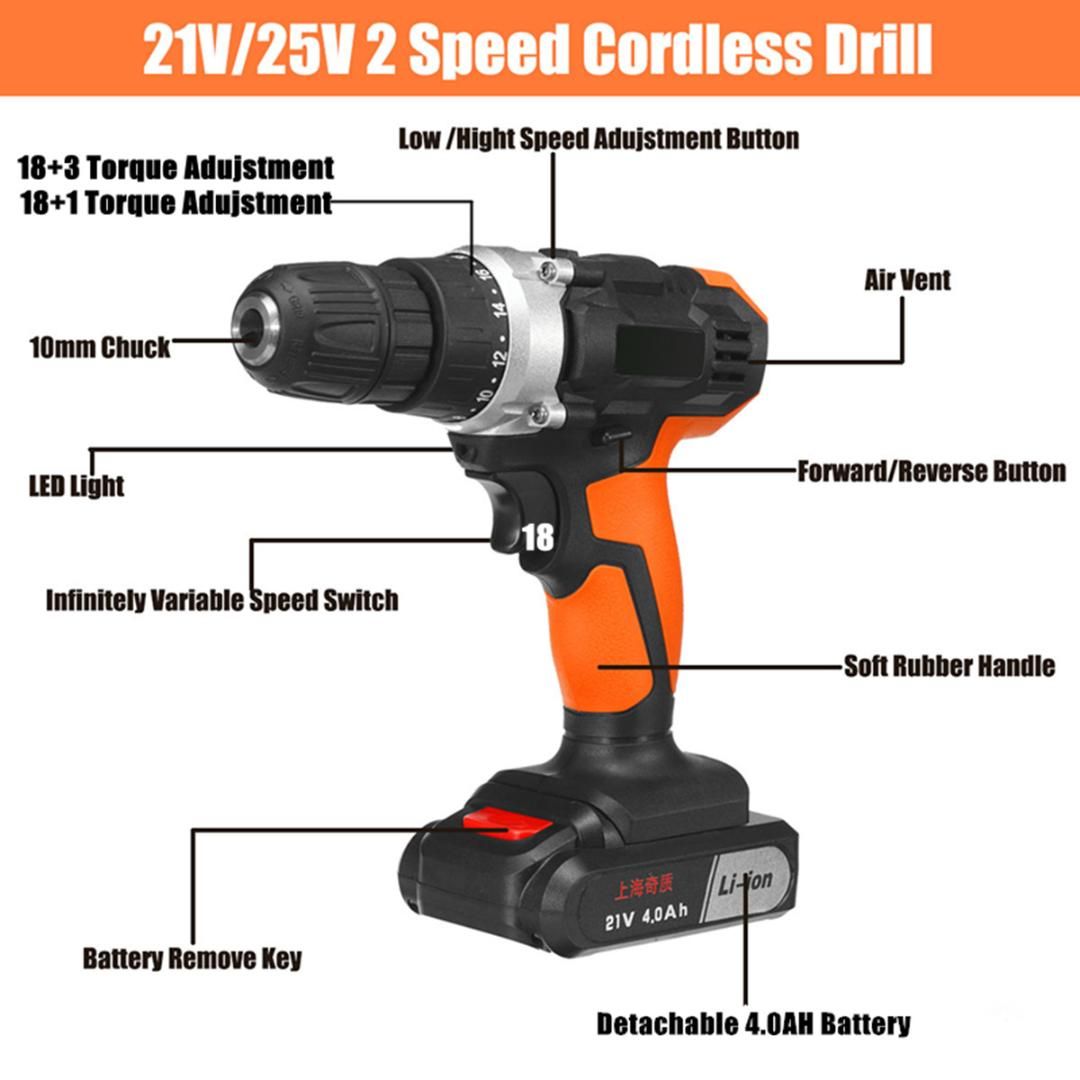 25V 2-Speed Electric Cordless Drill 10mm 3//8 Chuck Screwdriver