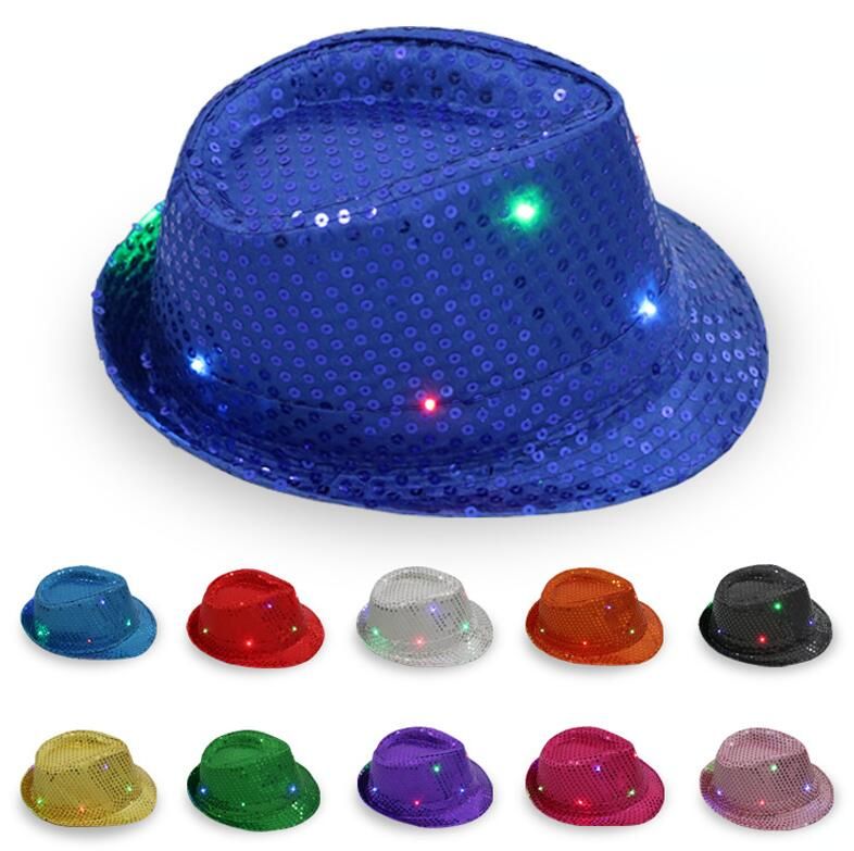 LED Jazz Hats Flashing Light Up Fedora Caps Sequin Cap Fancy Dress