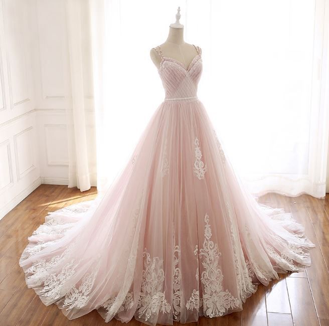 Fairy Spaghetti Straps Light Pink Prom Dresses Ball Gown Beading Tulle Party  Dress White Lace Appliques Lace Up Back Elegant Evening Gowns From  Mirusponsawedding, $201.01 | DHgate.Com