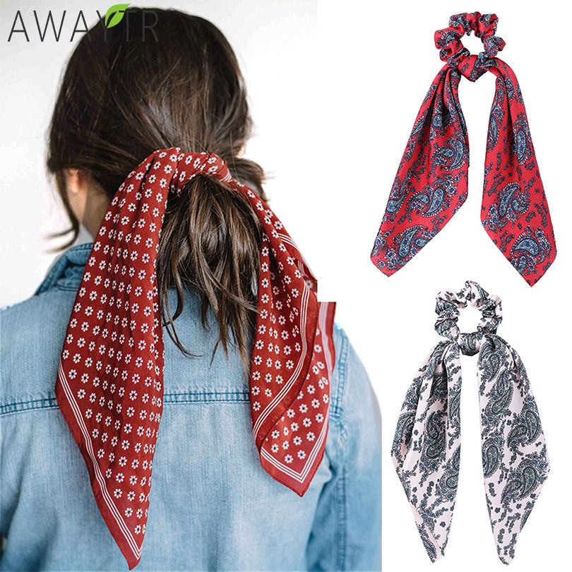Women Vintage Big Bow Elastic Knot Ribbon Scrunchies Print Fabric