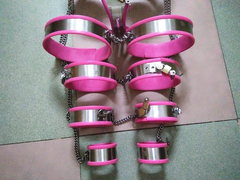 Stainless steel metal set female chastity belt pants with thigh cuffs Women