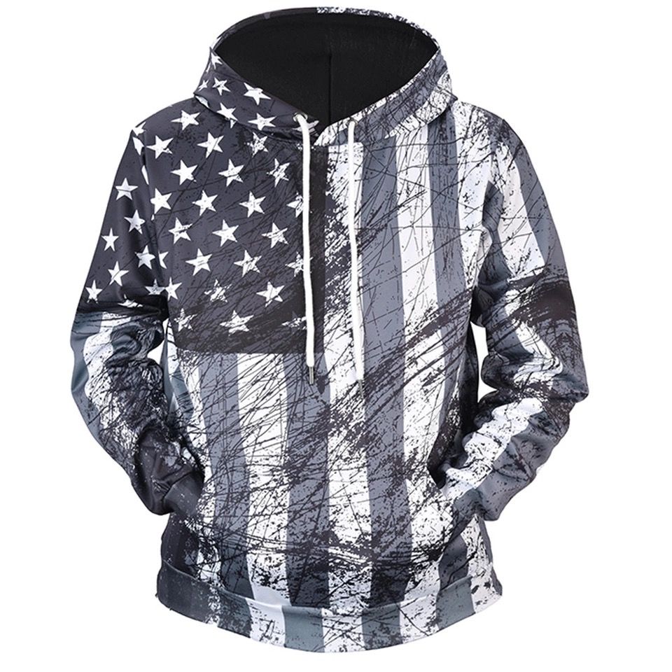 White, American Flag Men Fleece Cool Graphic Hoodies Print Novelty Sweatshirt S-3XL 